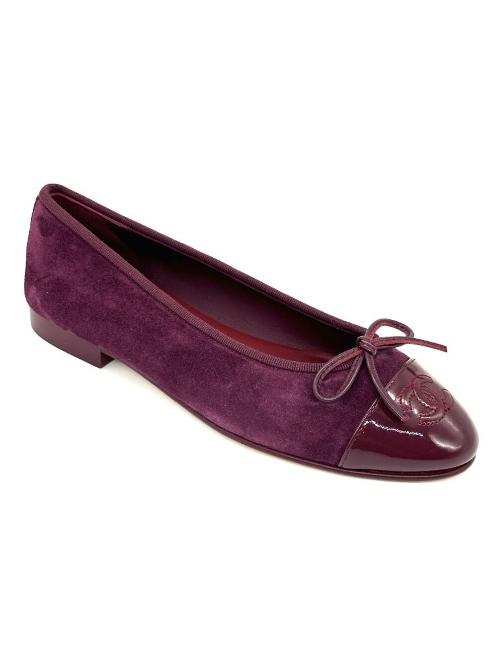 CHANEL 26A Suede Calfskin Patent Leather Cap Toe Bow Ballerina Ballet Flats